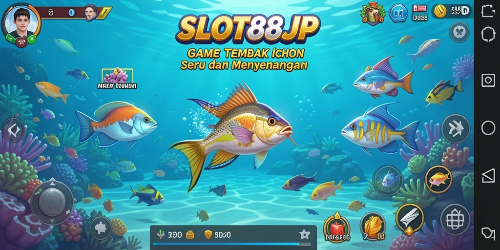 Tampilan gameplay SLOT88JP dengan ikan yang beragam dan senjata menarik.