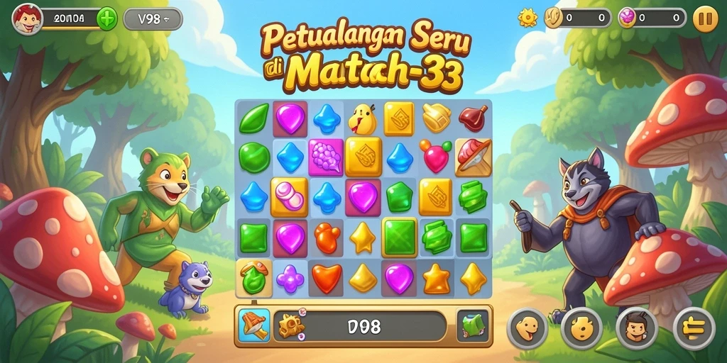 Screenshot V98 menampilkan gameplay Match-3 yang seru dan menarik.